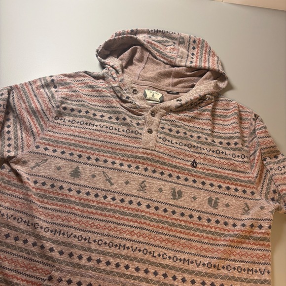 Volcom Ole Hooded Henley Long Sleeve Pullover Top Fair Isle Print Large - Picture 1 of 12